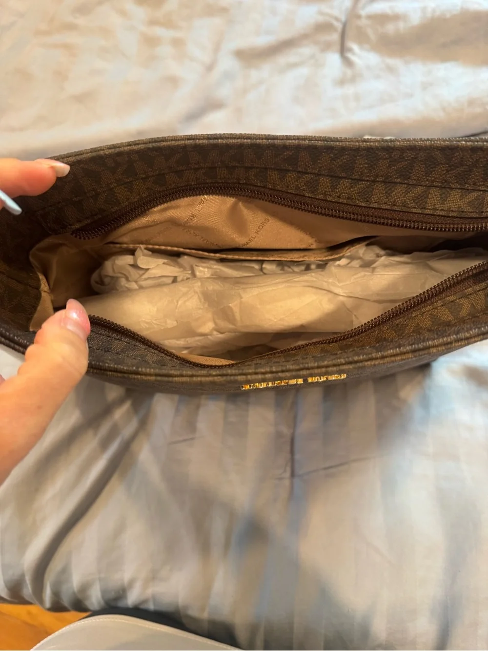 Michael Kors Brown Logo Zip Pouch with Gold Hardware